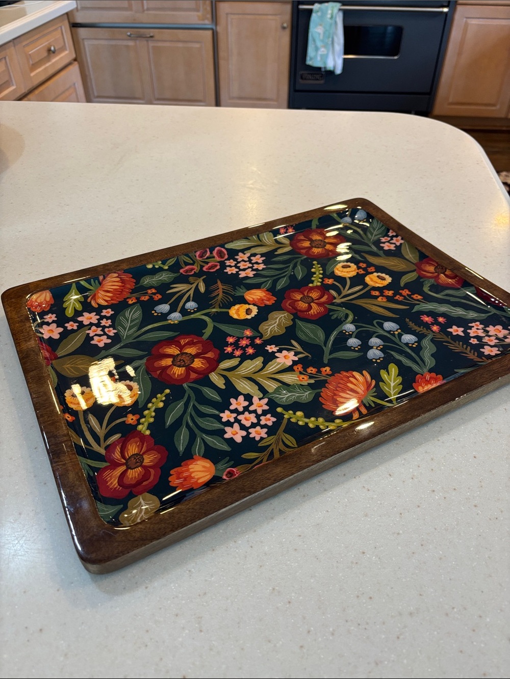 Wooden Floral Serving Tray with Dark Navy Floral Pattern